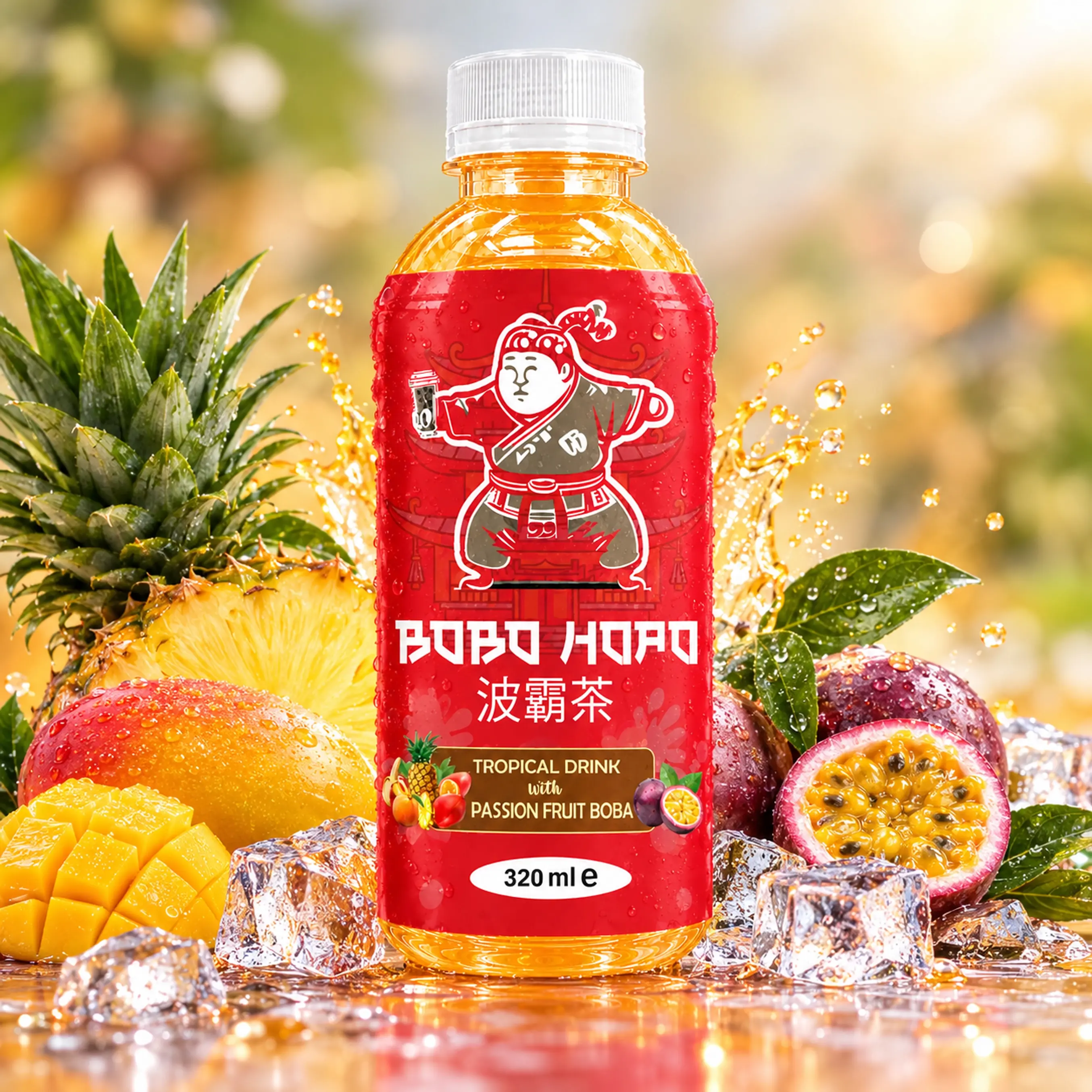 Bobo Hopo 320 ml tropical drink with passion fruit boba, pineapple, mango, passion fruit, ice cubes and fruit splash.